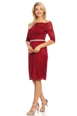 Celavie 6390S Knee Length Dress Off-Shoulder Mid Sleeve(Celavie 6390 Short Wedding Guest Dress Off Shoulder) -Discount Dress Shops 6390 celavie burgundy left