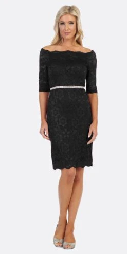 Celavie 6390S Knee Length Dress Off-Shoulder Mid Sleeve(Celavie 6390 Short Wedding Guest Dress Off Shoulder) -Discount Dress Shops 6390s celavie black fc826468 74c9 42ea ac2c cfbd271f7c8c