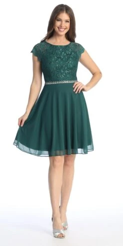 Celavie 6394-S Embellished Waist Short Dress Short Sleeves(Embellished Waist Short Wedding Guest Dress Mocha) -Discount Dress Shops 6394 SHGreen