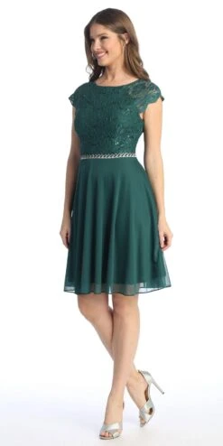 Celavie 6394-S Embellished Waist Short Dress Short Sleeves(Embellished Waist Short Wedding Guest Dress Mocha) -Discount Dress Shops 6394 SHGreen2