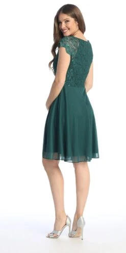 Celavie 6394-S Embellished Waist Short Dress Short Sleeves(Embellished Waist Short Wedding Guest Dress Mocha) -Discount Dress Shops 6394 SHGreen3