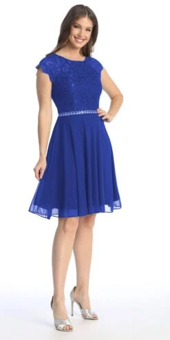 Celavie 6394-S Embellished Waist Short Dress Short Sleeves(Embellished Waist Short Wedding Guest Dress Mocha) -Discount Dress Shops 6394 S royal blue