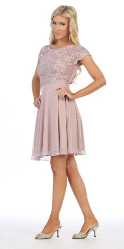 Celavie 6394-S Embellished Waist Short Dress Short Sleeves(Embellished Waist Short Wedding Guest Dress Mocha) -Discount Dress Shops 6394 celavie mocha left