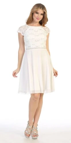 Celavie 6394-S Embellished Waist Short Dress Short Sleeves(Embellished Waist Short Wedding Guest Dress Mocha) -Discount Dress Shops 6394s celavie off white
