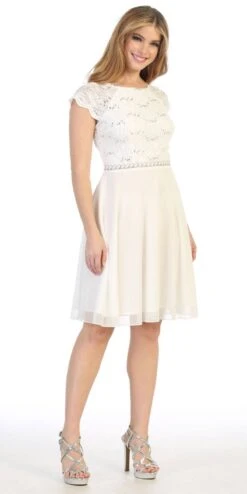 Celavie 6394-S Embellished Waist Short Dress Short Sleeves(Embellished Waist Short Wedding Guest Dress Mocha) -Discount Dress Shops 6394s celavie off white left side