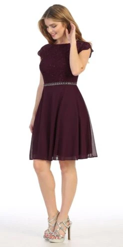 Celavie 6394-S Embellished Waist Short Dress Short Sleeves(Embellished Waist Short Wedding Guest Dress Mocha) -Discount Dress Shops 6394s celavie plum