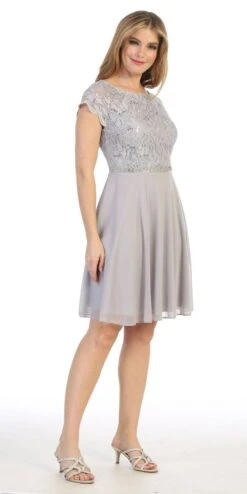 Celavie 6394-S Embellished Waist Short Dress Short Sleeves(Embellished Waist Short Wedding Guest Dress Mocha) -Discount Dress Shops 6394s celavie silver right side