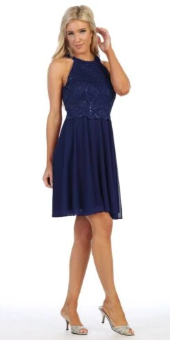 Celavie 6398 Lace Halter Short A-Line Chiffon Cocktail Dress(Halter Short A Line Cocktail Dress Navy Blue)