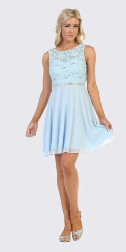 Celavie 6406 Lace Bodice Short A-Line Chiffon Cocktail Dress(Baby Blue Lace Bodice Short Cocktail Dress Sleeveless)