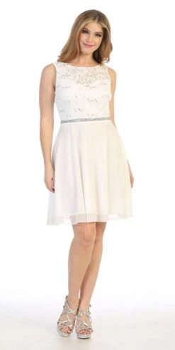 Celavie 6406 Lace Bodice Short A-Line Chiffon Cocktail Dress(Baby Blue Lace Bodice Short Cocktail Dress Sleeveless) -Discount Dress Shops 6406 celavie off white