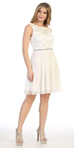 Celavie 6406 Lace Bodice Short A-Line Chiffon Cocktail Dress(Baby Blue Lace Bodice Short Cocktail Dress Sleeveless) -Discount Dress Shops 6406 celavie off white left side