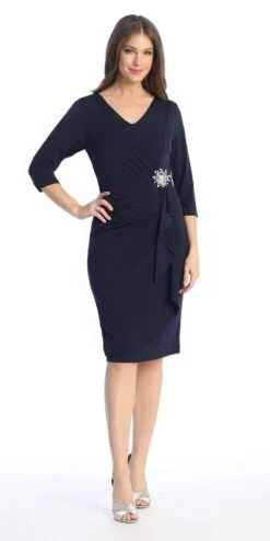 Celavie 6412 Quarter Sleeved Short Formal Dress With Brooch(Quarter Sleeved Short Formal Dress With Brooch Mauve) -Discount Dress Shops 6412Navy