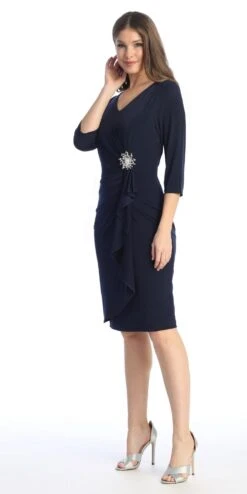 Celavie 6412 Quarter Sleeved Short Formal Dress With Brooch(Quarter Sleeved Short Formal Dress With Brooch Mauve) -Discount Dress Shops 6412Navy2