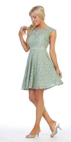 Celavie 6417 Cap Sleeve Lace A-Line Short Cocktail Dress(Cap Sleeved Sage A Line Short Homecoming Dress) -Discount Dress Shops 6417 celavie sage side