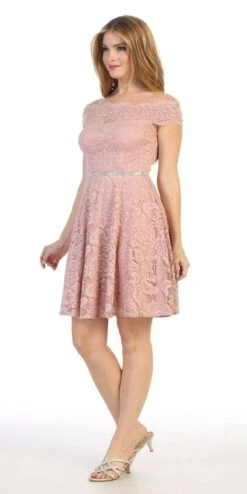 Celavie 6457S Off-Shoulder Knee Length Short Lace Dress(Royal Blue Off Shoulder Wedding Guest Short Dress) -Discount Dress Shops 6457s celavie mauve left side a2a2fa2a 63da 4a38 8a14 93bedceb8bba