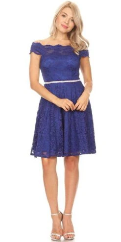 Celavie 6457S Off-Shoulder Knee Length Short Lace Dress(Royal Blue Off Shoulder Wedding Guest Short Dress)
