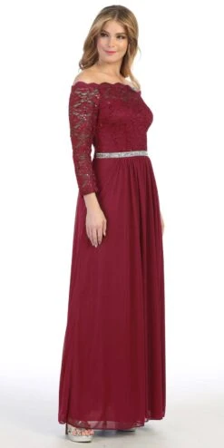 Celavie 6468 Long Sleeved Off-the-Shoulder Long Chiffon Dress(Long Sleeved Off The Shoulder Long Formal Dress Mauve) -Discount Dress Shops 6468L celavie burgundy
