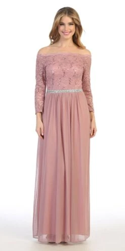 Celavie 6468 Long Sleeved Off-the-Shoulder Long Chiffon Dress(Long Sleeved Off The Shoulder Long Formal Dress Mauve)