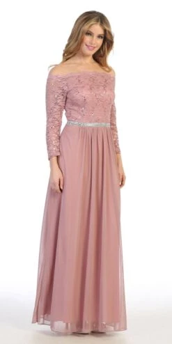 Celavie 6468 Long Sleeved Off-the-Shoulder Long Chiffon Dress(Long Sleeved Off The Shoulder Long Formal Dress Mauve) -Discount Dress Shops 6468L celavie mauve right side