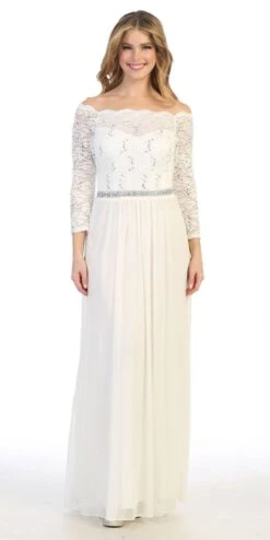 Celavie 6468 Long Sleeved Off-the-Shoulder Long Chiffon Dress(Long Sleeved Off The Shoulder Long Formal Dress Mauve) -Discount Dress Shops 6468L celavie off white