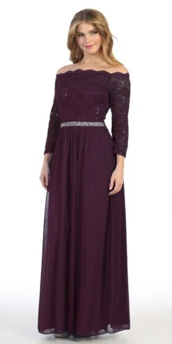Celavie 6468 Long Sleeved Off-the-Shoulder Long Chiffon Dress(Long Sleeved Off The Shoulder Long Formal Dress Mauve) -Discount Dress Shops 6468L celavie plum