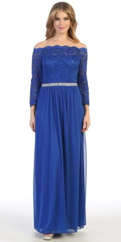 Celavie 6468 Long Sleeved Off-the-Shoulder Long Chiffon Dress(Long Sleeved Off The Shoulder Long Formal Dress Mauve) -Discount Dress Shops 6468L celavie royal blue