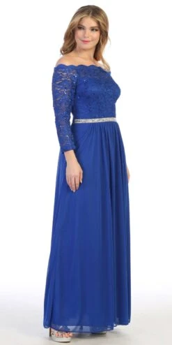 Celavie 6468 Long Sleeved Off-the-Shoulder Long Chiffon Dress(Long Sleeved Off The Shoulder Long Formal Dress Mauve) -Discount Dress Shops 6468L celavie royal blue right side