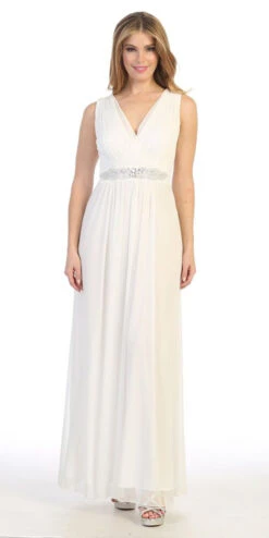 Celavie 6474 V-Neck Sleeveless A-Line Long Dress(Celavie 6474 V Neck Sleeveless A Line Long Dress) -Discount Dress Shops 6474 off white