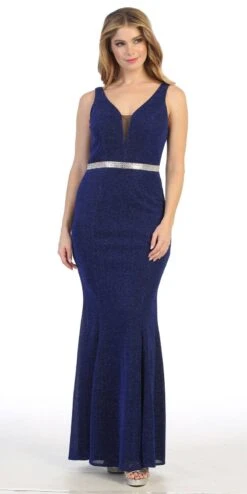 Celavie 6483-L V-Neck Sleeveless Mermaid Long Dress(V Neck Dark Royal Blue Sleeveless Mermaid Long Formal Dress)