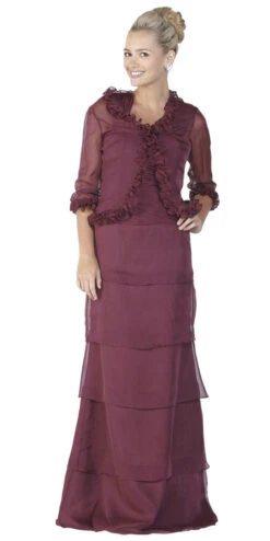 Poly USA | Ed Young 6484 Long Modest Formal Dress Ruffles Bolero Jacket(On Special Limited Stock Long Modest Formal Dress Gray Ruffles Bolero Jacket Layered Skirt) -Discount Dress Shops 6484BRG