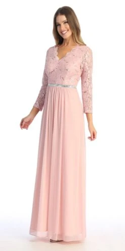 Celavie 6527-L Long Sleeve Chiffon Dress V-Neckline(Celavie 6527l Long Sleeve Chiffon Dress V Neckline) -Discount Dress Shops 6527 LBlushL