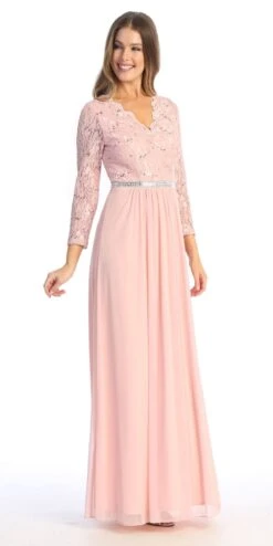 Celavie 6527-L Long Sleeve Chiffon Dress V-Neckline(Celavie 6527l Long Sleeve Chiffon Dress V Neckline) -Discount Dress Shops 6527 LBlushR