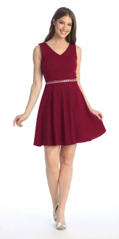 Celavie 6528-S Short A-Line Sleeveless Dress With Rhinestone Waist(Celavie 6528s Short A Line Sleeveless Dress With Rhinestone Waist) -Discount Dress Shops 6528 SBurgundy