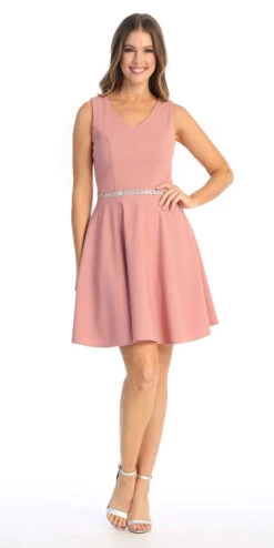Celavie 6528-S Short A-Line Sleeveless Dress With Rhinestone Waist(Celavie 6528s Short A Line Sleeveless Dress With Rhinestone Waist) -Discount Dress Shops 6528 SMauve