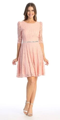 Celavie 6530-S Short A-Line Lace Dress With Mid-Length Sleeves(Celavie 6530s Short A Line Lace Dress With Mid Length Sleeves)