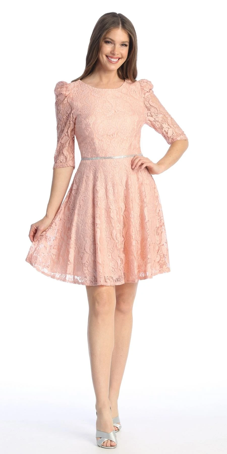 Celavie 6530-S Short A-Line Lace Dress With Mid-Length Sleeves(Celavie 6530s Short A Line Lace Dress With Mid Length Sleeves) 9 Celavie 6530-S Short A-Line Lace Dress With Mid-Length Sleeves(Celavie 6530s Short A Line Lace Dress With Mid Length Sleeves) - Image 9
