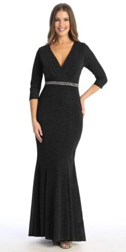 Celavie 6532-L Long Fitted Sheath Glitter Knit Dress V-Neckline(Celavie 6532 L Long Fitted Sheath Glitter Knit Dress V Neckline) -Discount Dress Shops 6532 L celavie black