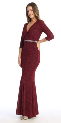 Celavie 6532-L Long Fitted Sheath Glitter Knit Dress V-Neckline(Celavie 6532 L Long Fitted Sheath Glitter Knit Dress V Neckline) -Discount Dress Shops 6532 L celavie burgundy side left