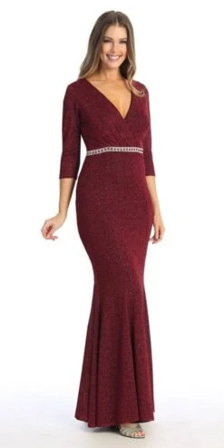Celavie 6532-L Long Fitted Sheath Glitter Knit Dress V-Neckline(Celavie 6532 L Long Fitted Sheath Glitter Knit Dress V Neckline) -Discount Dress Shops 6532 L celavie burgundy side right