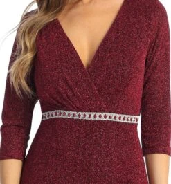 Celavie 6532-L Long Fitted Sheath Glitter Knit Dress V-Neckline(Celavie 6532 L Long Fitted Sheath Glitter Knit Dress V Neckline) -Discount Dress Shops 6532 L celavie burgundy zoom
