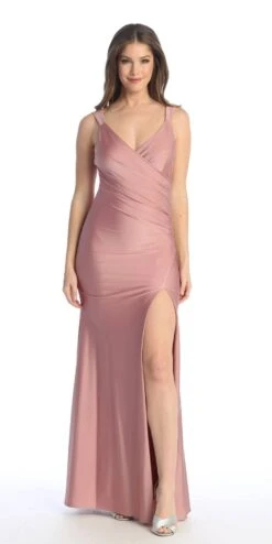 Celavie 6540-L Long Column Gown Ruched Bodice With Slit(Celavie 6540l Long Column Gown Ruched Bodice With Slit)