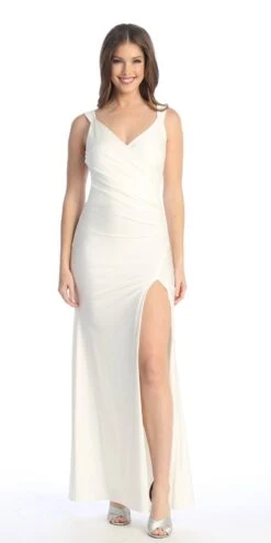 Celavie 6540-L Long Column Gown Ruched Bodice With Slit(Celavie 6540l Long Column Gown Ruched Bodice With Slit) -Discount Dress Shops 6540 LOffWhite