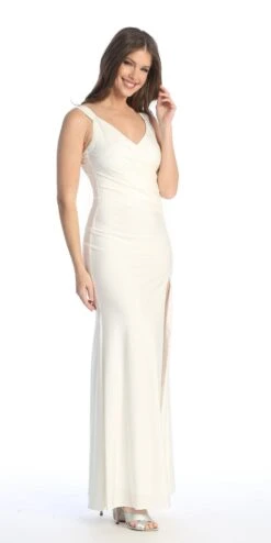 Celavie 6540-L Long Column Gown Ruched Bodice With Slit(Celavie 6540l Long Column Gown Ruched Bodice With Slit) -Discount Dress Shops 6540 LOffWhite1