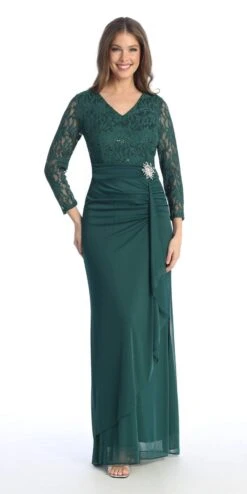 Celavie 6549-L Lace Long Sleeve V-Neck Ruffled Dress With Brooch(Celavie 6549 Lace Long Sleeve V Neck Ruffled Dress With Brooch) -Discount Dress Shops 6549 LHGreen