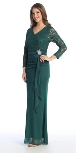 Celavie 6549-L Lace Long Sleeve V-Neck Ruffled Dress With Brooch(Celavie 6549 Lace Long Sleeve V Neck Ruffled Dress With Brooch) -Discount Dress Shops 6549 LHGreen2