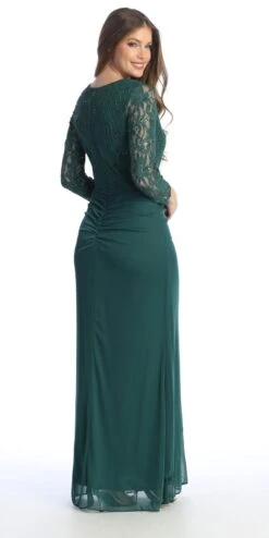 Celavie 6549-L Lace Long Sleeve V-Neck Ruffled Dress With Brooch(Celavie 6549 Lace Long Sleeve V Neck Ruffled Dress With Brooch) -Discount Dress Shops 6549 LHGreen3