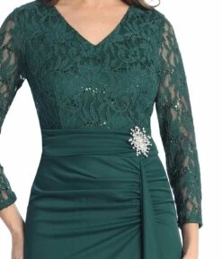 Celavie 6549-L Lace Long Sleeve V-Neck Ruffled Dress With Brooch(Celavie 6549 Lace Long Sleeve V Neck Ruffled Dress With Brooch) -Discount Dress Shops 6549 LHGreenD