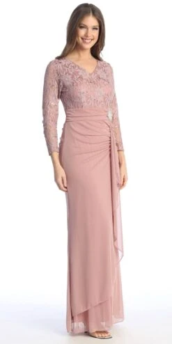 Celavie 6549-L Lace Long Sleeve V-Neck Ruffled Dress With Brooch(Celavie 6549 Lace Long Sleeve V Neck Ruffled Dress With Brooch) -Discount Dress Shops 6549 LMauve1