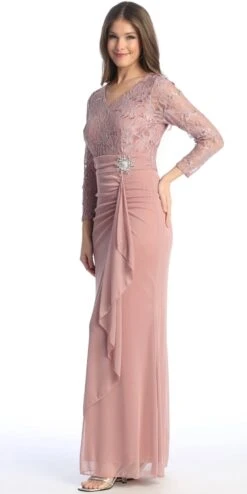 Celavie 6549-L Lace Long Sleeve V-Neck Ruffled Dress With Brooch(Celavie 6549 Lace Long Sleeve V Neck Ruffled Dress With Brooch) -Discount Dress Shops 6549 LMauve2