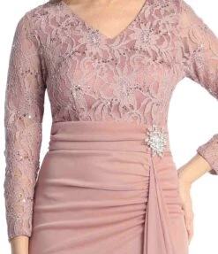 Celavie 6549-L Lace Long Sleeve V-Neck Ruffled Dress With Brooch(Celavie 6549 Lace Long Sleeve V Neck Ruffled Dress With Brooch) -Discount Dress Shops 6549 LMauveD